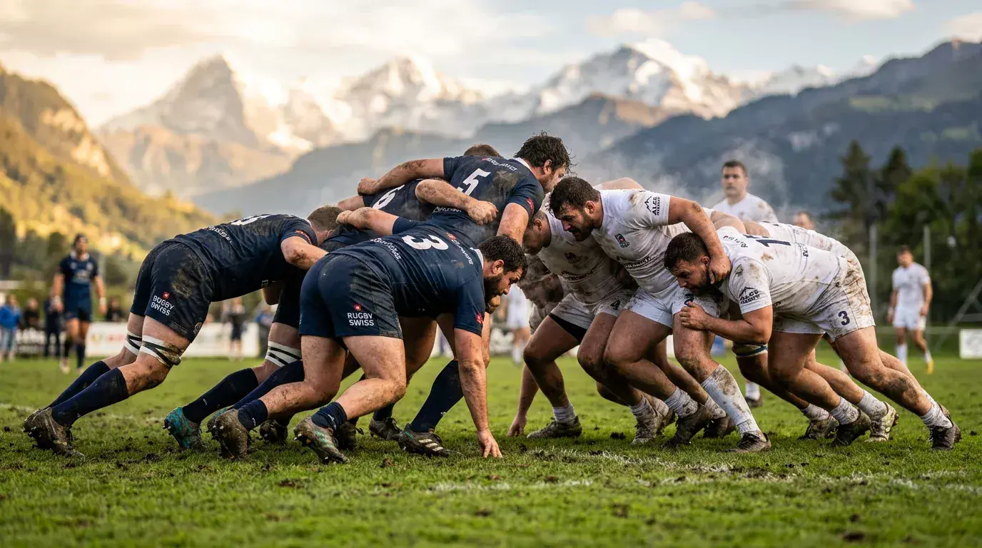 Rugby-Spieler beim Scrummage auf grünem Rasen mit Schweizer Alpenpanorama im Hintergrund