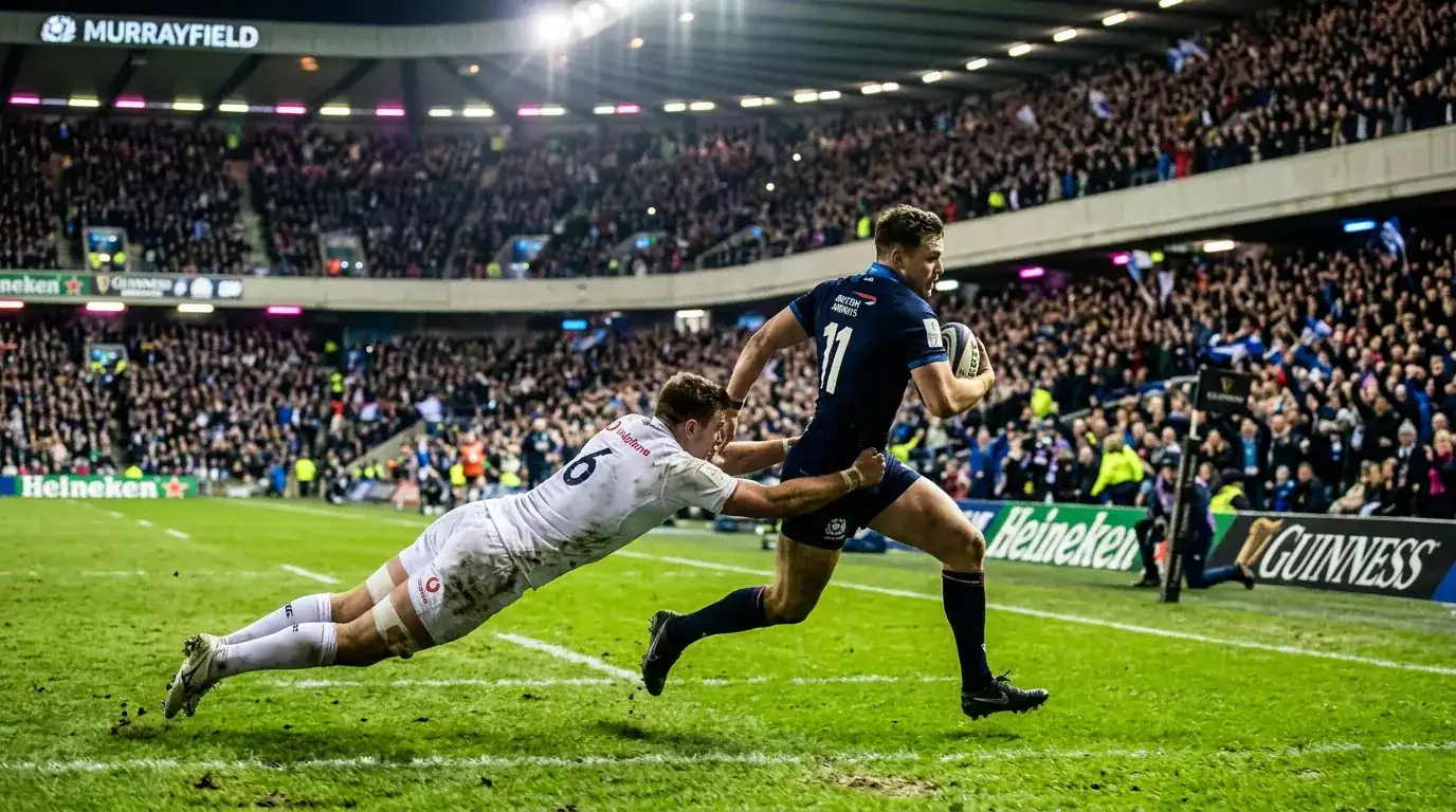 Rugby-Spielszene in einem vollen Stadion bei Flutlicht während eines Abendmatches